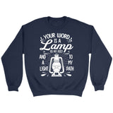 Bible verse sweatshirt: Psalm 119:105 Your word is a lamp to my feet And a light to my path Navy / S