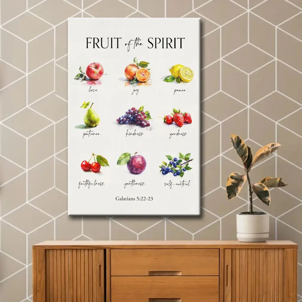 Inspirational canvas print with Galatians 5:22-23 Bible verse, "Fruit of the Spirit," ideal Christian wall art for homes.