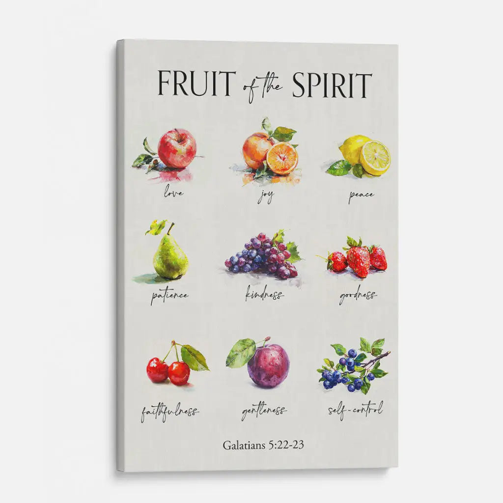 Religious wall art canvas featuring Galatians 5:22-23, "Fruit of the Spirit," perfect for faith-filled home decor.