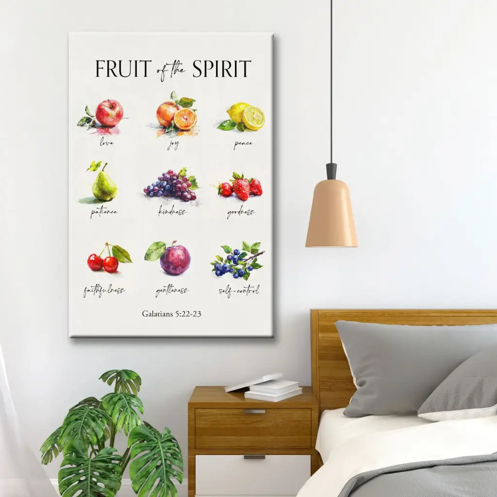 Faith-based wall art with Galatians 5:22-23, "Fruit of the Spirit," great religious decor for Christian homes.