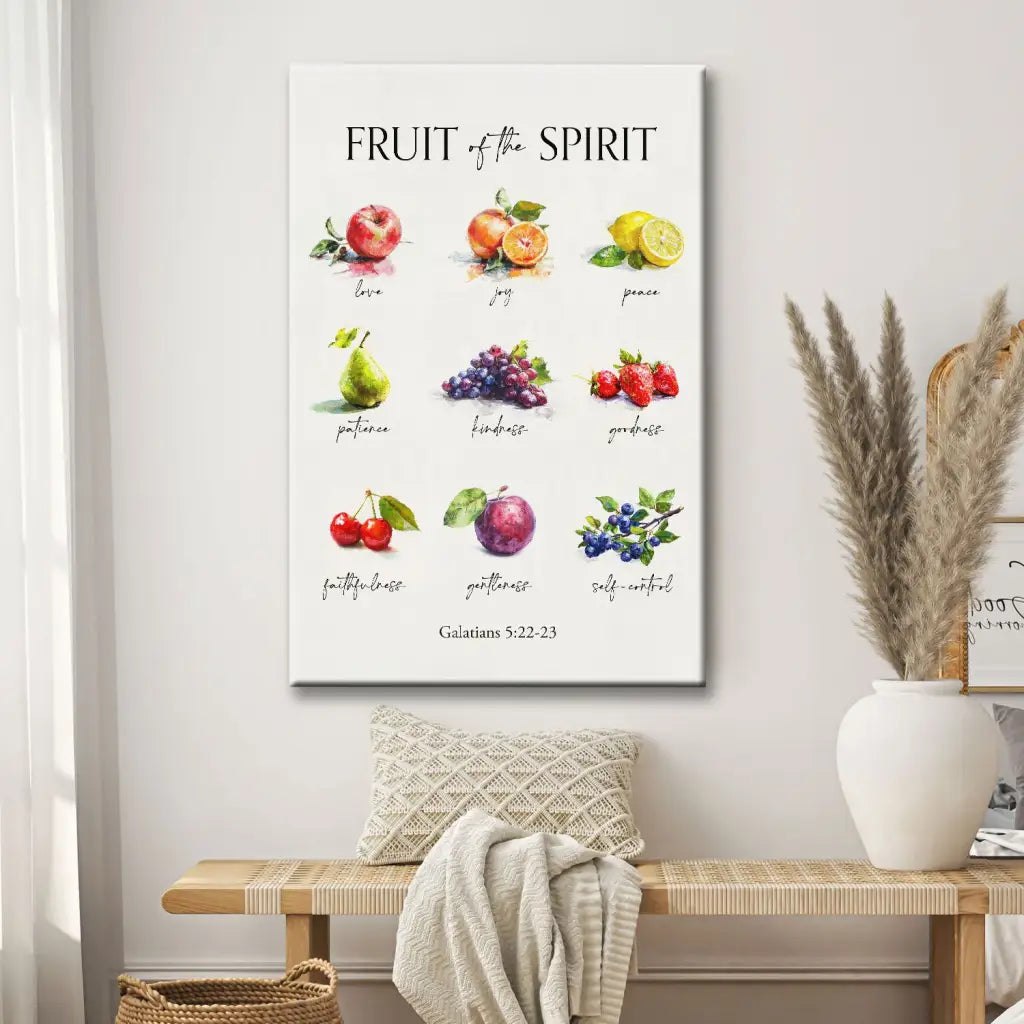 Christian wall art featuring Galatians 5:22-23, "Fruit of the Spirit," perfect faith-based home decor.