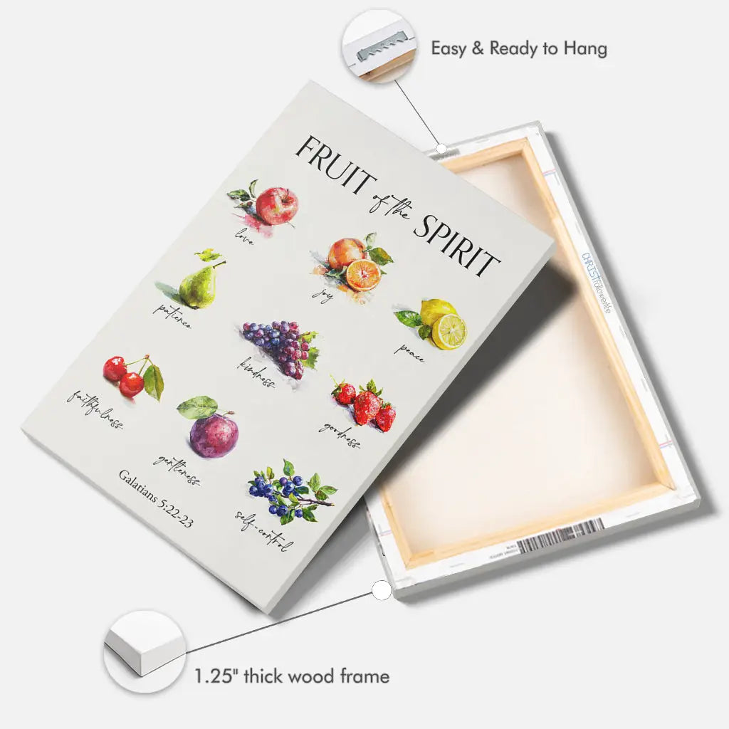 Christian canvas print with Galatians 5:22-23 Bible verse, "Fruit of the Spirit," ideal inspirational wall art for believers.