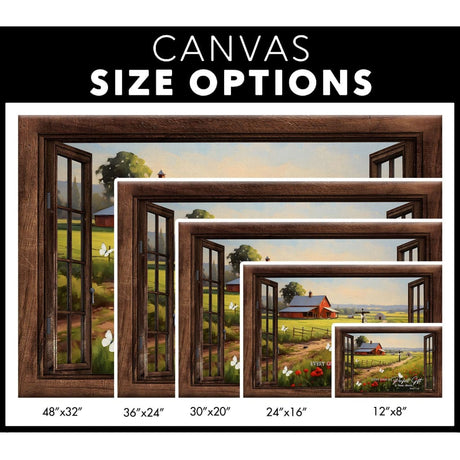 James 1:17 Bible verse wall art with red barn in field, wooden window frame design, perfect for Christian gifts / canvas size options.