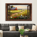 Christian wall art featuring James 1:17 with red barn in field, framed in a rustic wooden window design.