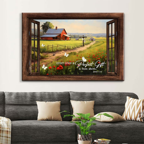 Christian wall art featuring James 1:17 with red barn in field, framed in a rustic wooden window design.
