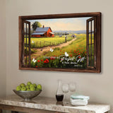 James 1:17 "Every Good and Perfect Gift is From Above" wall art canvas with red barn in field, framed in wood.