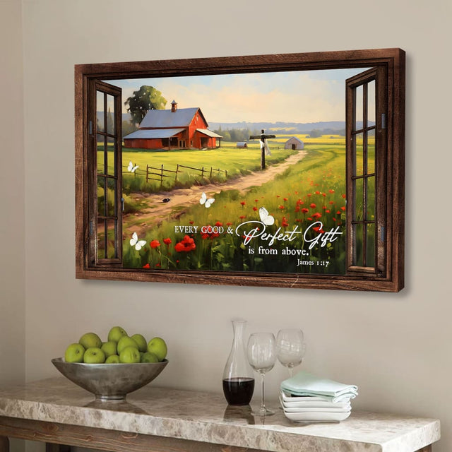 James 1:17 "Every Good and Perfect Gift is From Above" wall art canvas with red barn in field, framed in wood.