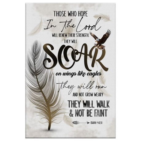 Inspirational wall art with Isaiah 40:31, "Soar on Wings Like Eagles," feather design, ideal for Bible verse-themed decor.