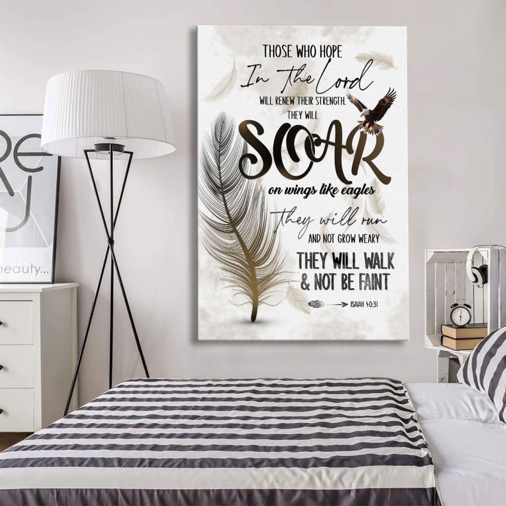 Christian home decor featuring Isaiah 40:31, "Soar on Wings Like Eagles," feather design, perfect for uplifting wall art.