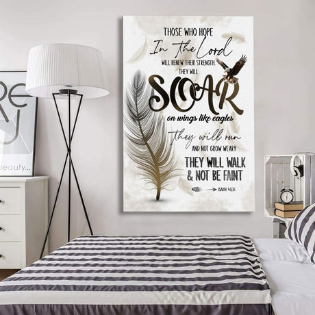 Christian home decor featuring Isaiah 40:31, "Soar on Wings Like Eagles," feather design, perfect for uplifting wall art.