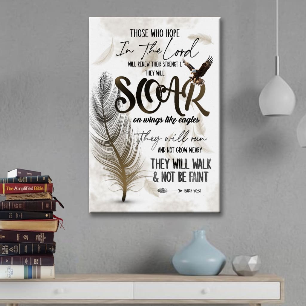 Bible verse wall art decor with Isaiah 40:31, "Soar on Wings Like Eagles," feather design, ideal for Christian home decor.