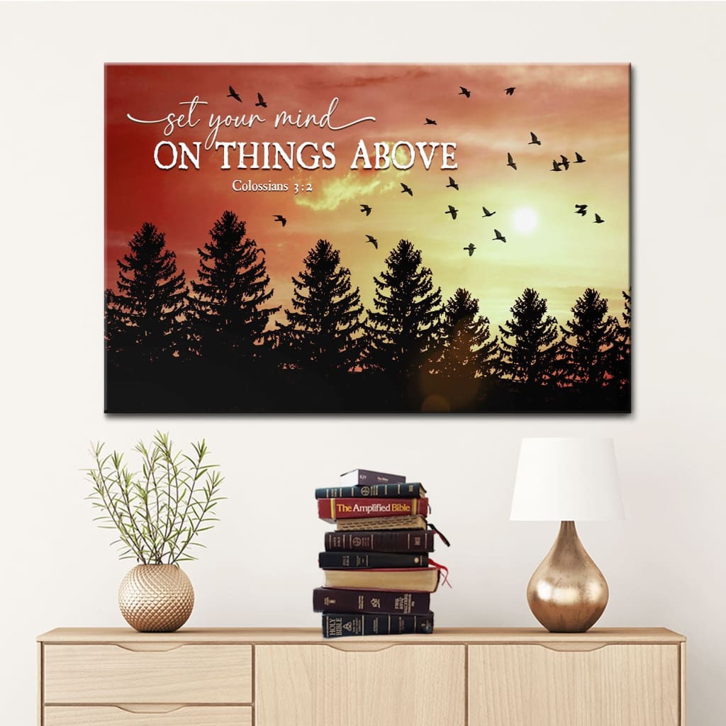 Birds sunset forest Set your mind on things above wall art canvas, Bible Verse Wall Decor