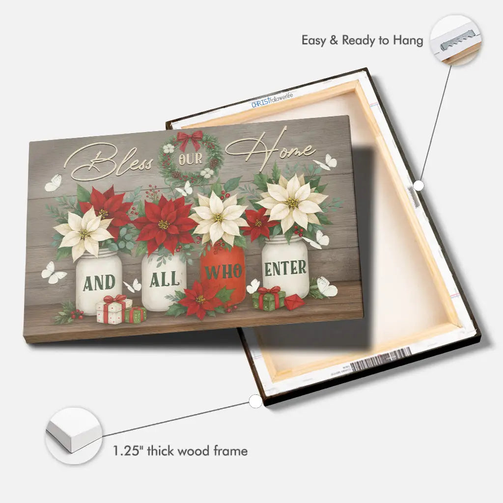 Christian wall art with Christmas wreath and poinsettias, faith-based gift for home, love, and celebration.