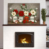 Christian Christmas wall art with wreath, poinsettias, and Bible quote, faith-based gift for home and holidays.