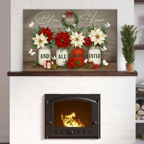 Christian Christmas wall art with wreath, poinsettias, and Bible quote, faith-based gift for home and holidays.