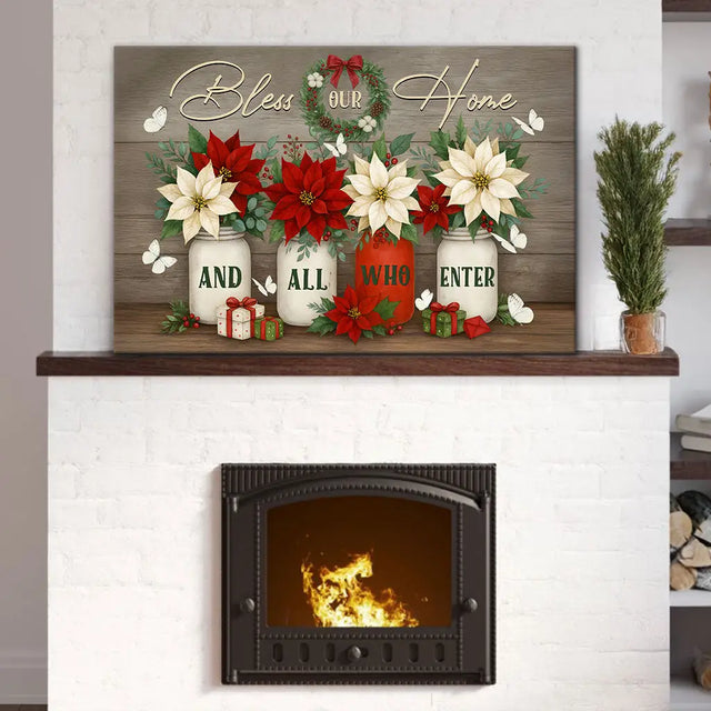 Christian Christmas wall art with wreath, poinsettias, and Bible quote, faith-based gift for home and holidays.