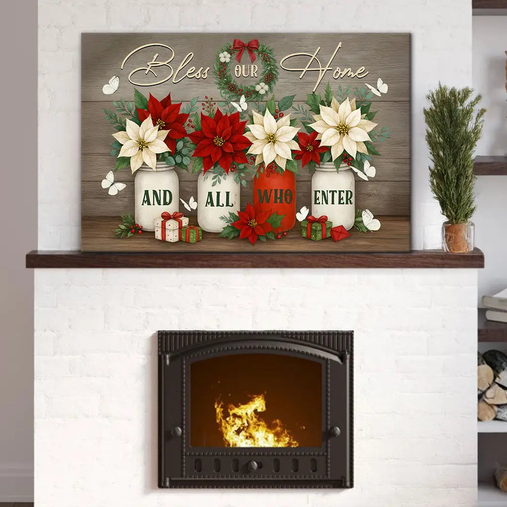 Christian Christmas wall art with wreath, poinsettias, and Bible quote, faith-based gift for home and holidays.