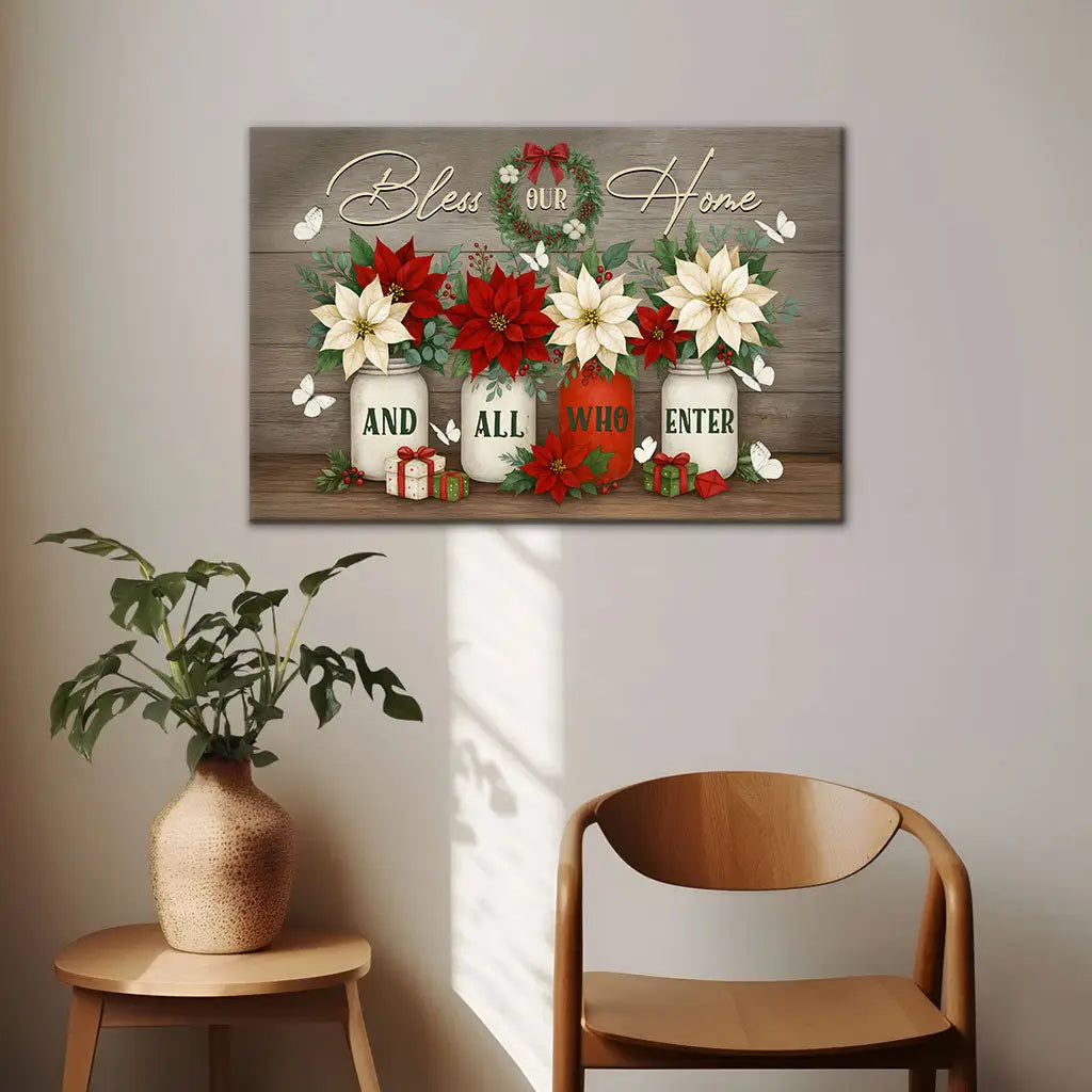 Bless Our Home canvas with festive décor, Christian gift with scripture for housewarming or Christmas.