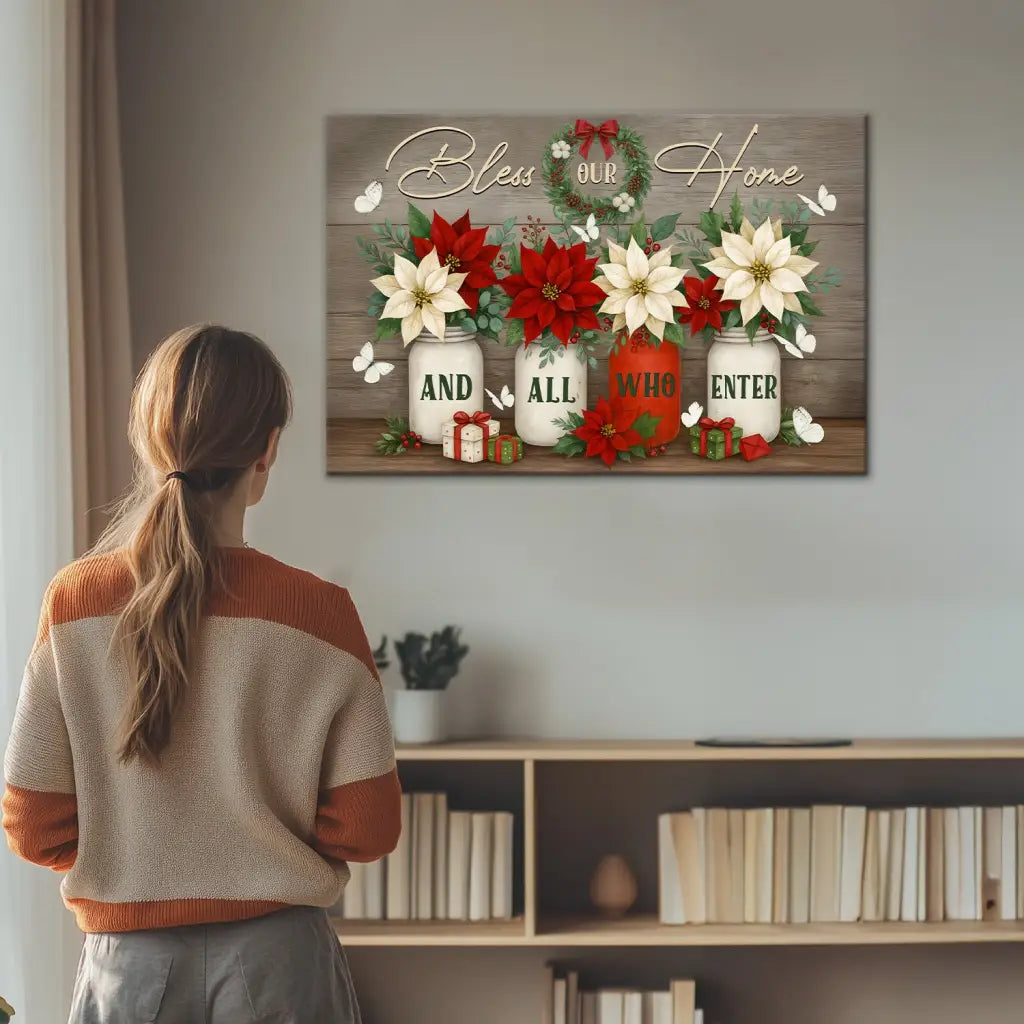Christian wall décor with Christmas theme and scripture, cozy canvas gift for home, love, and faith.