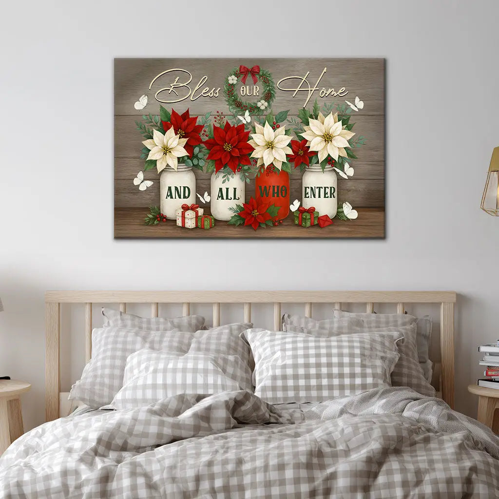 Christmas Christian canvas with poinsettias and gift boxes, Bible verse décor for encouragement and joy.