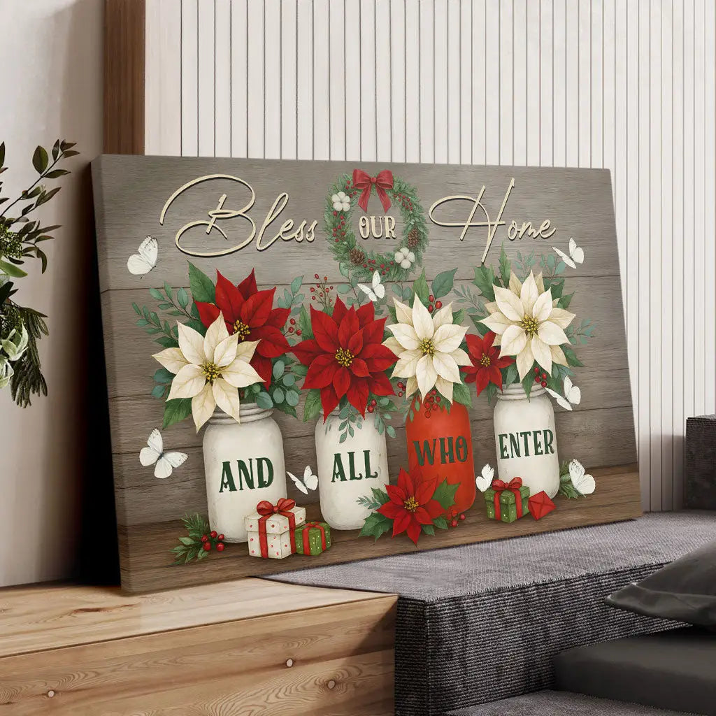 Faith-based wall art with wreath, mason jars, and butterflies, Christian holiday gift for family or friends.