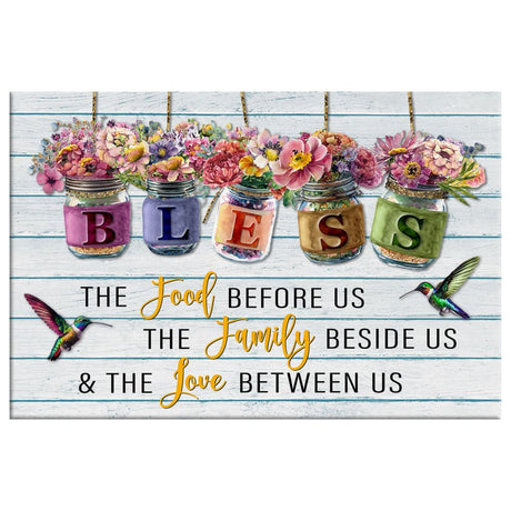 Faith-based wall art with "Bless the Food Before Us" message and flower jars design, great religious decor for homes.