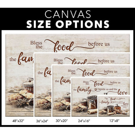 Faith-based Thanksgiving wall art, "Bless the Food Before Us," rustic design, perfect Christian home decor / size options.