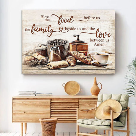 Rustic Christian wall art canvas, "Bless the Food Before Us, the Family Beside Us," perfect Thanksgiving decor.