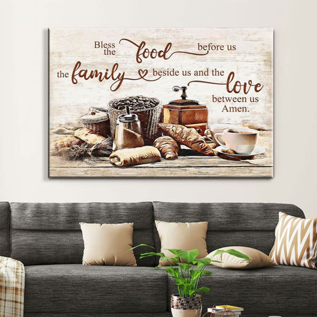 Thanksgiving wall decor, "Bless the Food Before Us," rustic Christian wall art canvas for family gatherings.