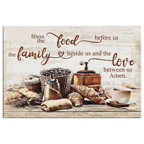 Christian wall art, "Bless the Food Before Us, the Family Beside Us," Thanksgiving-inspired rustic canvas.