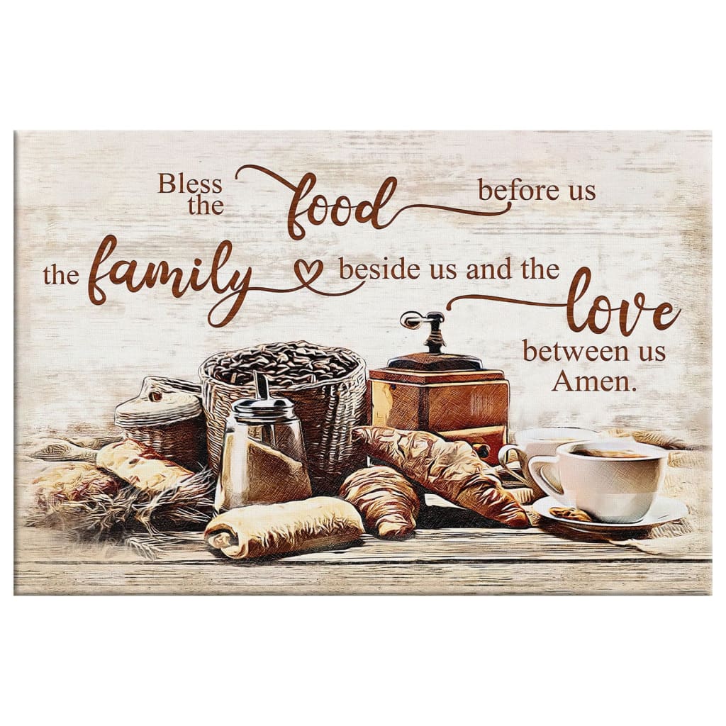Christian wall art, "Bless the Food Before Us, the Family Beside Us," Thanksgiving-inspired rustic canvas.