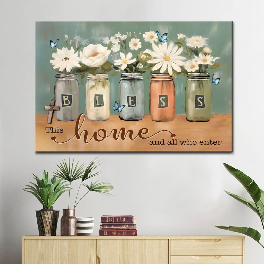 "Bless This Home and All Who Enter" Christian wall art with floral butterfly mason jar design, perfect for home decor.