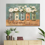 "Bless This Home and All Who Enter" Christian wall art with floral butterfly mason jar design, perfect for home decor.