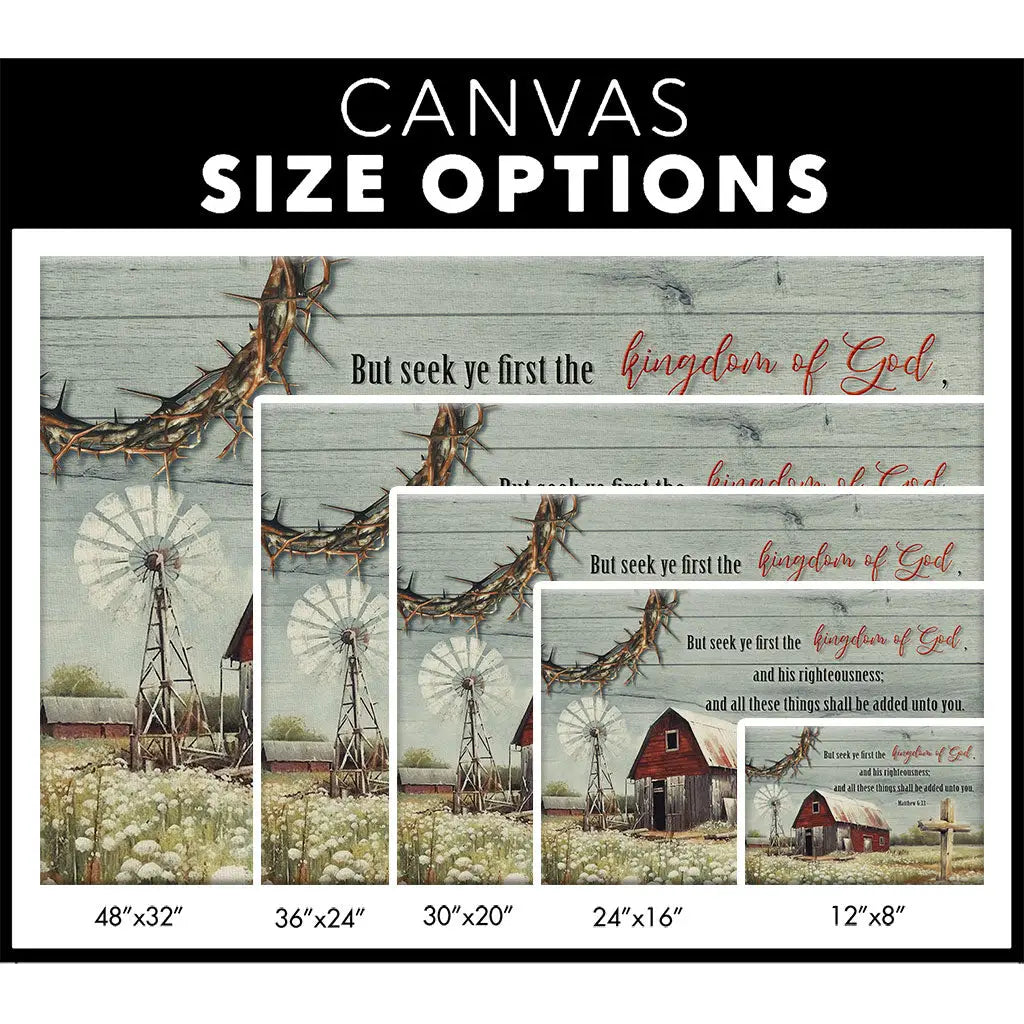 Christian gifts with Matthew 6:33, "But seek ye first the Kingdom of God," adorned with a barn and flowers, ideal for rustic home decor.