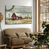 Bible verse canvas with Matthew 6:33, showcasing a rustic farm barn and vibrant flowers, perfect for Christian farmhouse decor.