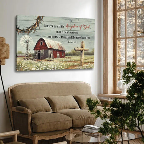 Bible verse canvas with Matthew 6:33, showcasing a rustic farm barn and vibrant flowers, perfect for Christian farmhouse decor.