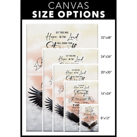Bible verse wall art with Isaiah 40:31, showcasing a flying eagle, a beautiful reminder of hope and strength in the Lord / canvas size options.