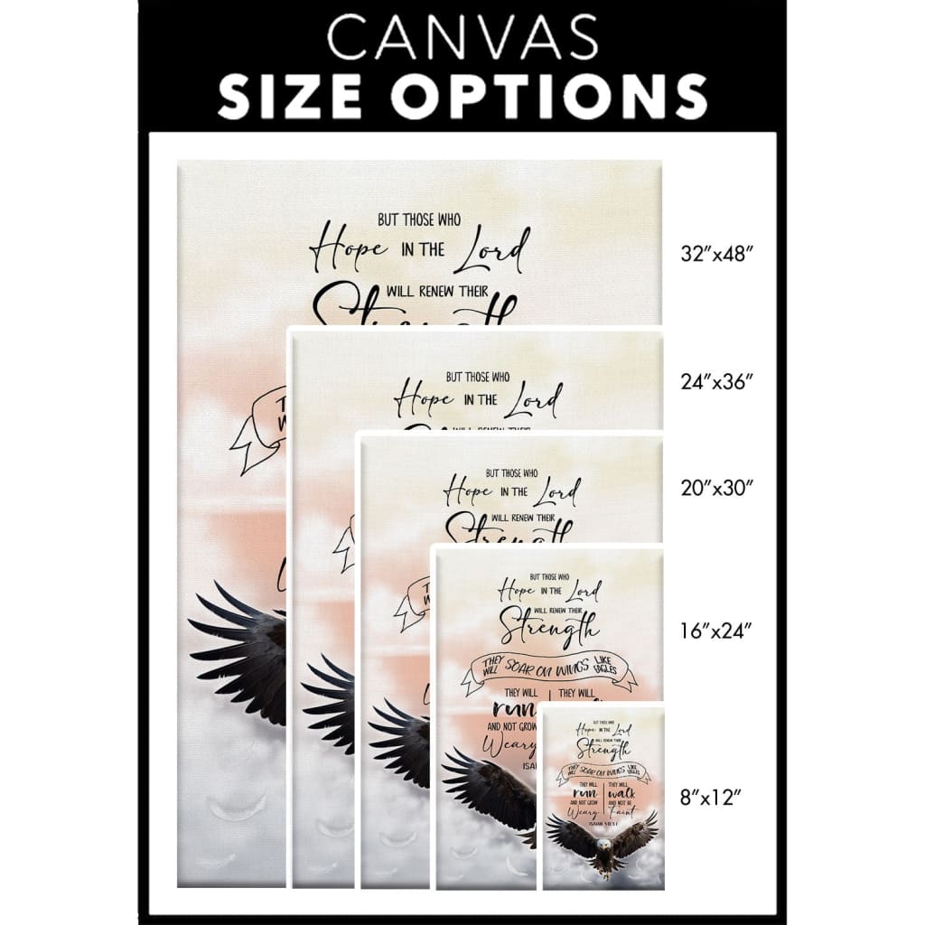 Bible verse wall art with Isaiah 40:31, showcasing a flying eagle, a beautiful reminder of hope and strength in the Lord / canvas size options.