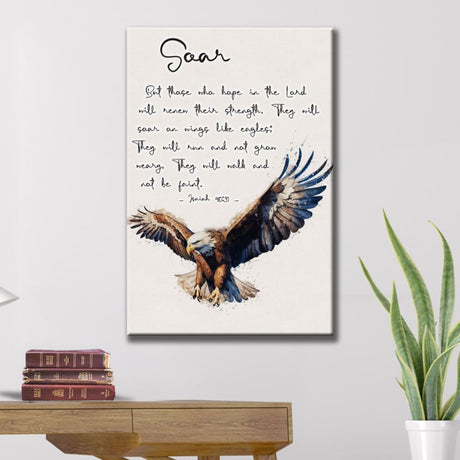 Isaiah 40:31 "But Those Who Hope in the Lord Will Renew Their Strength" wall art canvas with eagle flying image.