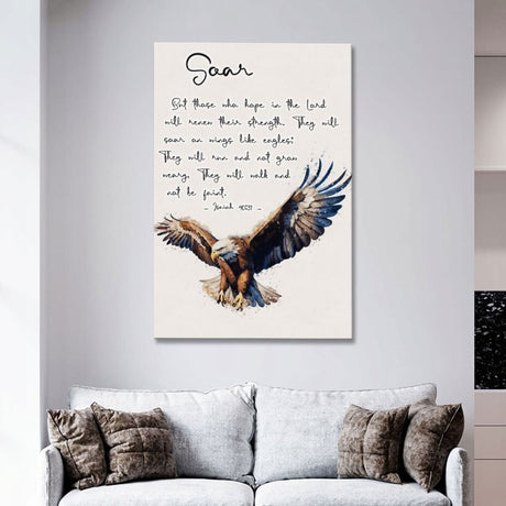 Inspirational Isaiah 40:31 wall art, "Those Who Hope in the Lord Will Renew Their Strength," with eagle flying, Bible verse wall decor.
