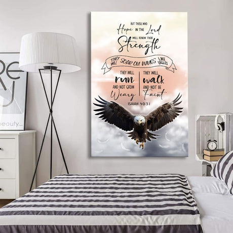 Inspirational canvas with Isaiah 40:31 and a flying eagle design, ideal for Christian home decor and gifts.