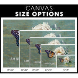 Faith-based "I Am With You Always" Matthew 28:20 wall art canvas print with beautiful monarch butterfly and white peony / size options.