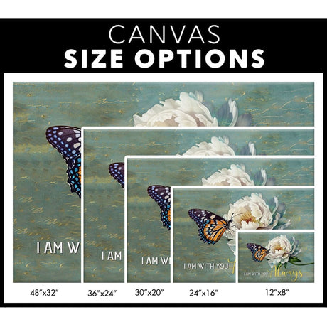 Faith-based "I Am With You Always" Matthew 28:20 wall art canvas print with beautiful monarch butterfly and white peony / size options.
