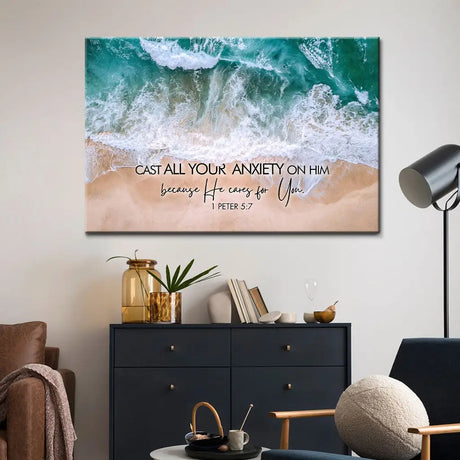 Christian wall art featuring 1 Peter 5:7, "Cast All Your Anxiety on Him," with ocean waves, perfect faith-based home decor.