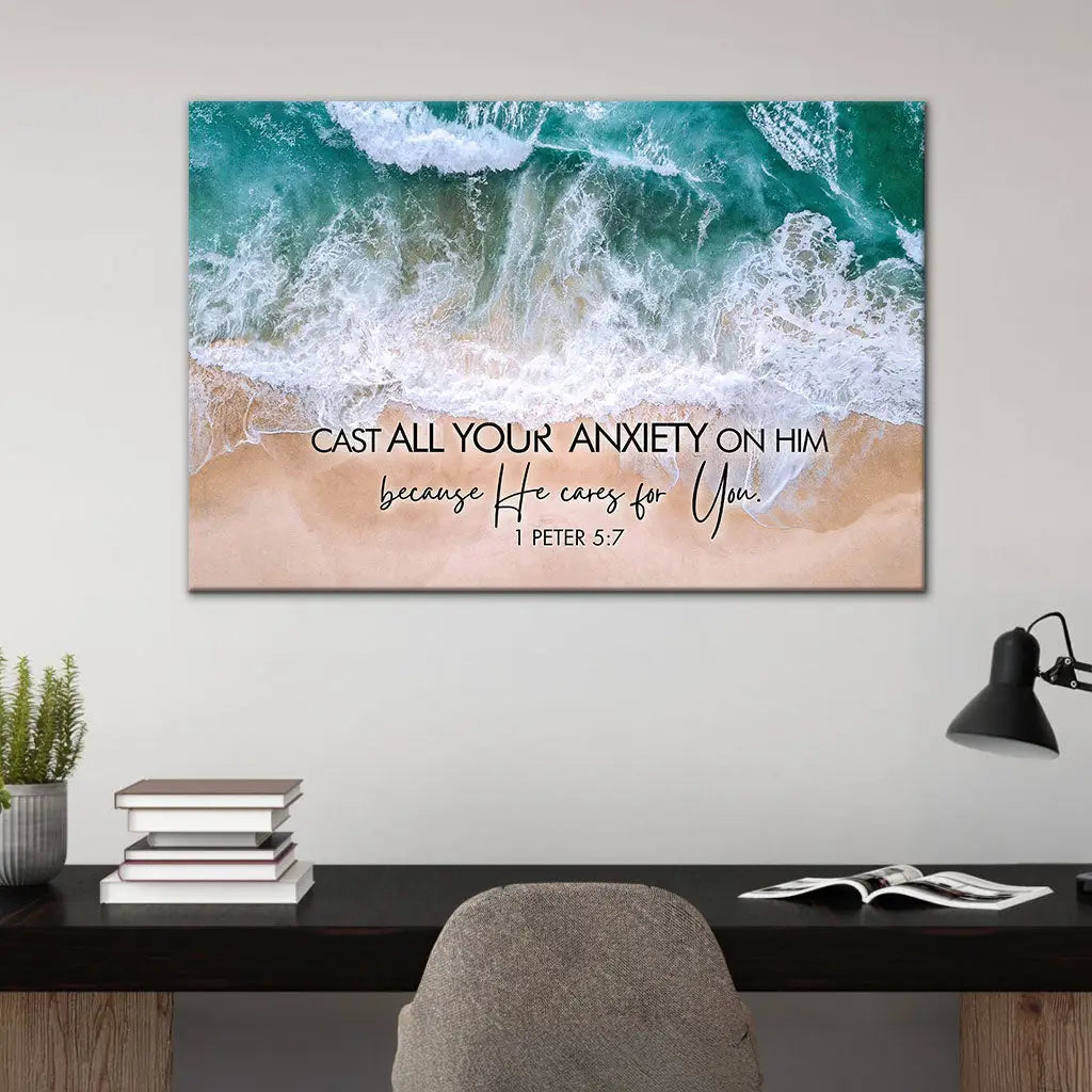 Christian wall art canvas: &quot;Cast all your anxiety on Him&quot; 1 Peter 5:7, featuring calming ocean waves.
