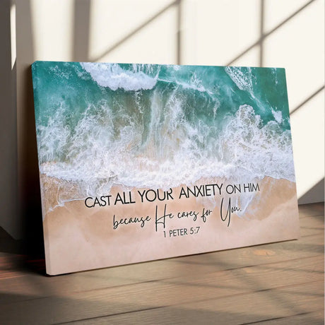 Faith-based canvas print: 1 Peter 5:7, "Cast all your anxiety on Him," with a serene ocean waves design.