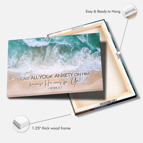 Christian home decor: "Cast all your anxiety on Him" 1 Peter 5:7 with ocean waves. A perfect reminder of peace and faith.
