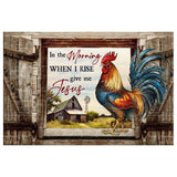 Inspirational wall art canvas print with "In the Morning When I Rise, Give Me Jesus" and a farmhouse scene with a chicken and barn, ideal Christian home decor.