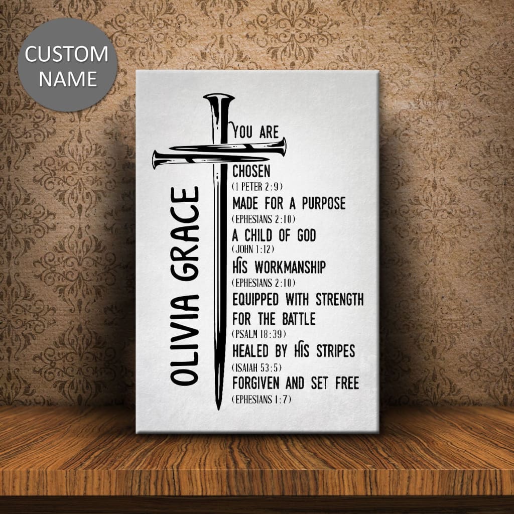 Personalized "Chosen Made for a Purpose Child of God" wall art canvas with custom name, inspiring Christian message, Christian gift ideas.