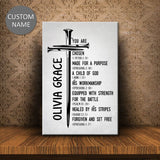Personalized "Chosen Made for a Purpose Child of God" wall art canvas with custom name, inspiring Christian message, Christian gift ideas.